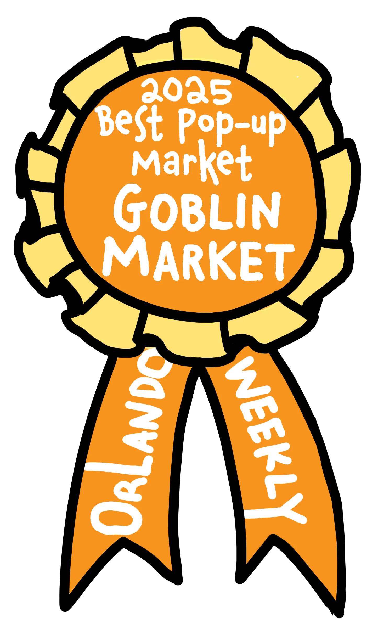A golden ribbon with "Goblin Market - Orlando Weekly Best Pop-up Market of 2025" written on it.
